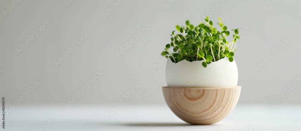 Poster green sprouts in a white egg displayed in a wooden egg box against a white backdrop with selective f
