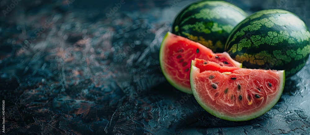 Aufkleber Whole and sliced watermelon on a dark textured surface with an area for text Includes a shallow depth of focus for the image. Creative banner. Copyspace image