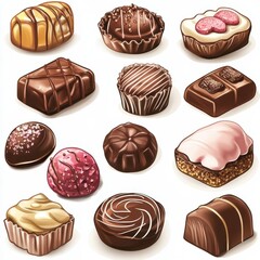 Assortment of mouthwatering chocolates, sweets, indulgence, dessert, clipart, white background, high quality--ar 1:1