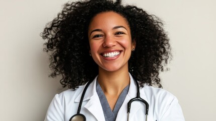 Angular portrait of a smiling African American doctor using a stethoscope on transparent background