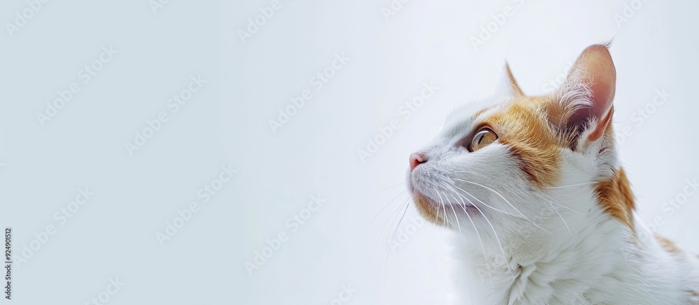 Poster A white and orange cat gazes at something with curiosity in a clean minimalistic setting suitable for a copy space image