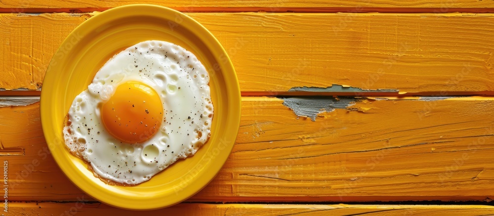 Poster a sunny side up egg displayed on a yellow plate with copy space image