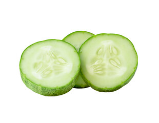 Front view of fresh green cucumber slices or pieces in stack isolated with clipping path in png file format