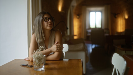 Young woman sitting indoors in a restaurant or hotel cafeteria, looking thoughtful at a table with a glass vase and wearing glasses
