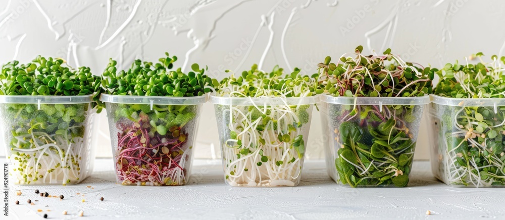 Poster Various sprouts displayed in plastic containers against a white backdrop with copy space image