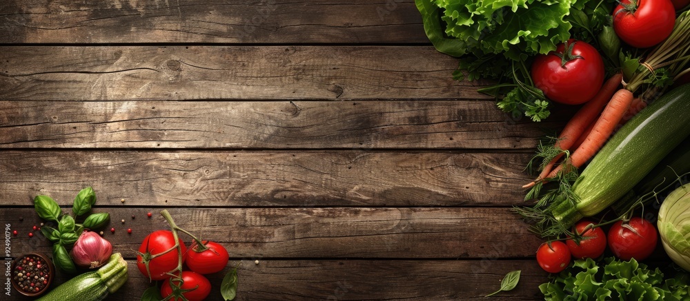 Poster fresh vegetables on a wooden table with copy space image