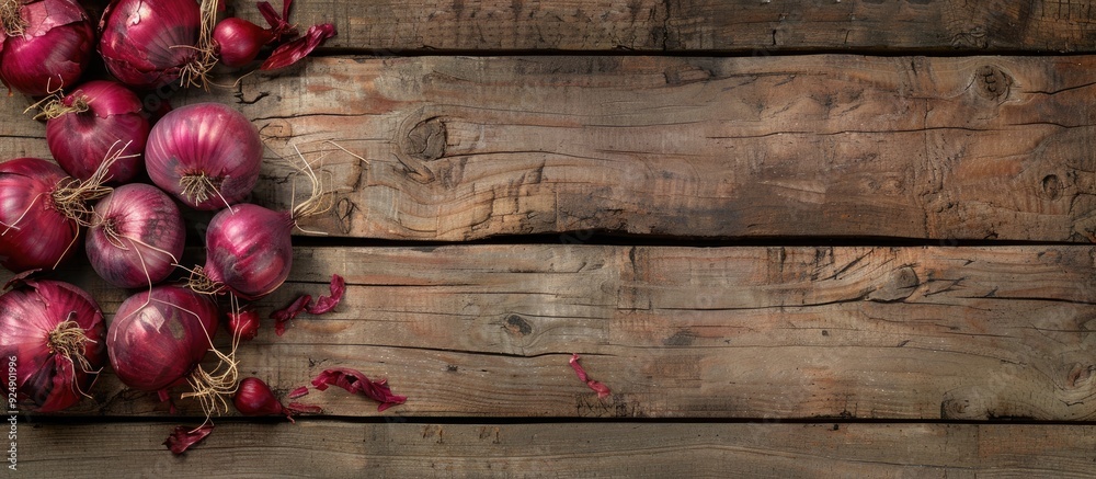 Poster Rustic wood background with red onions offering copy space image