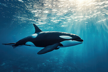 Obraz premium A majestic orca swims gracefully in clear, blue water under bright daylight.