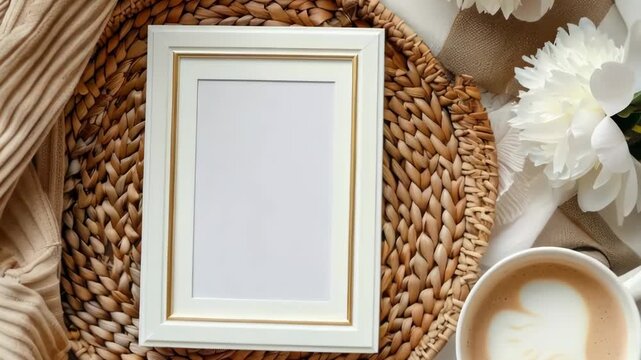 Photo frame mockup with blank white inside on wicker tray, coffee and flowers in neutral colors on bed background.