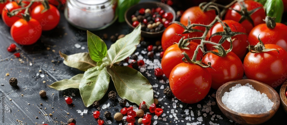 Poster Fresh tomatoes bay leaves salt pepper and red sauce spices on a dark table with a clear area for additional elements in the image