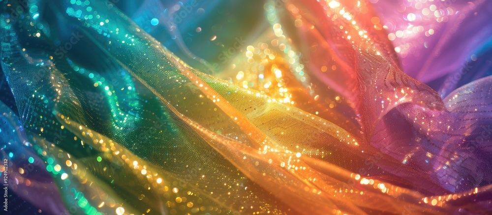 Poster introducing a dazzling fabric with rainbow sparkles on a mesh net for a standout look in any crowd p