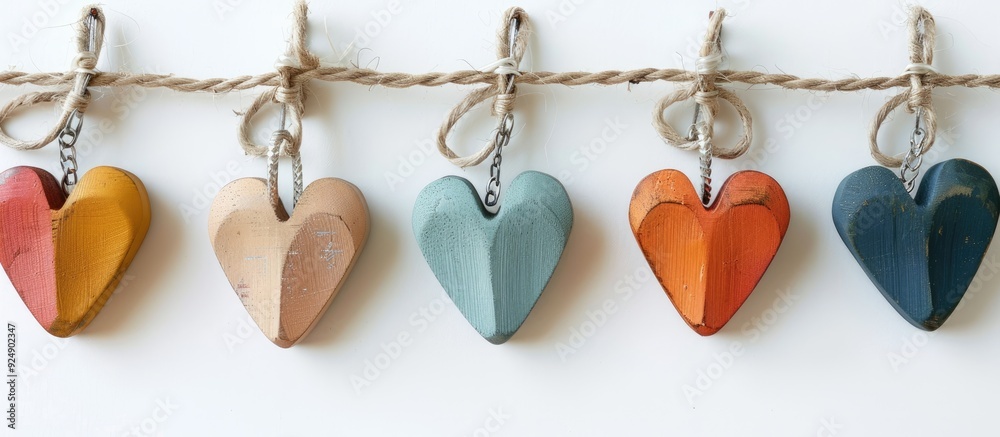 Poster A variety of heart shaped clips in different colors set against a white backdrop tightly fastened with a rope providing a copy space image