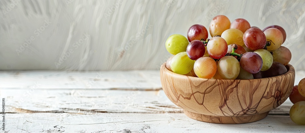 Poster Wooden bowl filled with white and red grapes on a white wood table background with space for copying an image