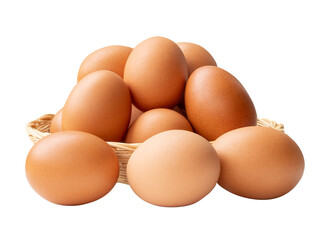 Fresh brown chicken eggs in stack in wicker basket isolated with clipping path in png file format