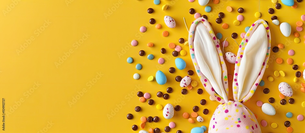 Poster easter bunny ears and chocolate eggs on a yellow background high quality photo of a poster with a co