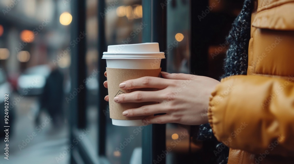 Sticker a woman dressed in a warm coat enjoys a takeaway coffee while standing outside a cafe on a lively ci