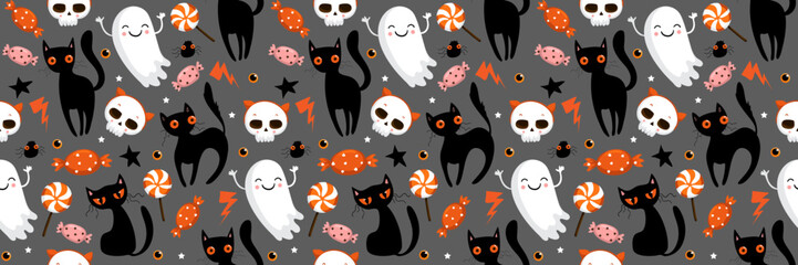 Ghost cat pattern, banner or print poster, wallpaper. Spooky halloween kittens faces, horror animals and cute witchcraft cats seamless vector illustration. Halloween seamless cats wallpaper
