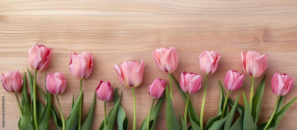 Poster Pink tulips arranged on a light plywood background with space for text or copy suitable as a postcard template featuring a copy space image