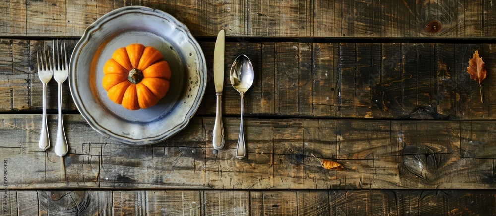 Poster Top down view of a rustic table setting for Thanksgiving or Halloween featuring a mini pumpkin cutlery and ample copy space image