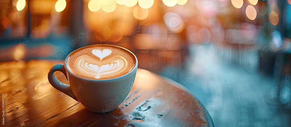 Leinwandbilder Latte art coffee in heart shape with a blurred background on a table with selective focus ideal for copy space image