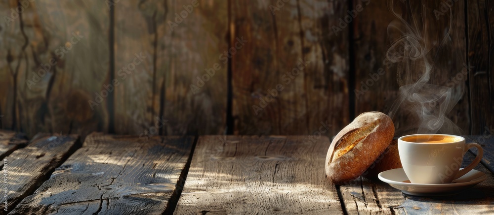 Poster Panoramic banner with a rustic wood background displaying a steaming cup of coffee alongside bread featuring ample copy space image