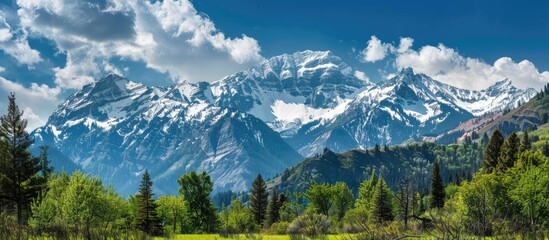Scenic snow capped mountains with green trees in the foreground accentuate the landscape in the copy space image