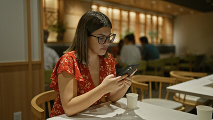 Beautiful hispanic woman using smartphone at cafe table, portrait of confident female in glasses, sitting indoors, relaxed yet focused