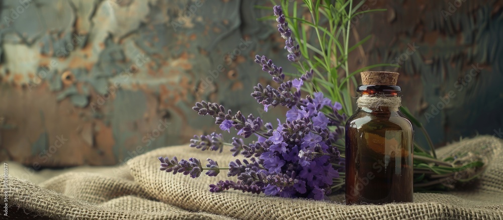 Poster fresh lavender flower bouquet and a bottle of lavender oil on sackcloth displayed in a rustic settin