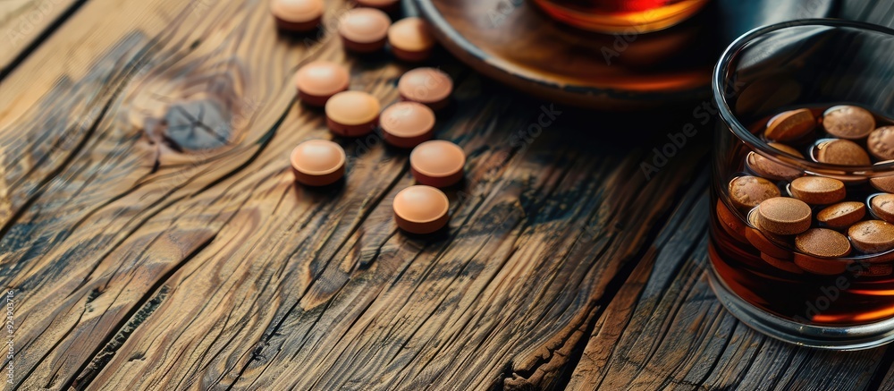 Poster pain relief medication in liquid and tablet form with copy space image