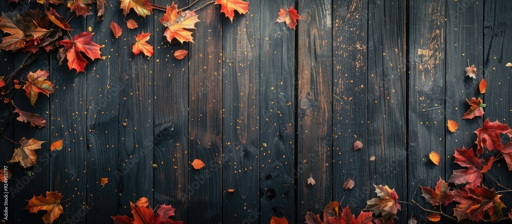 Poster fall foliage against a rustic dark wooden backdrop depicts an antique setting with aged details and 