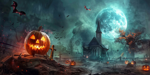Obraz premium A pumpkin zombie rises from a graveyard at night with a full moon and bats flying near an eerie church