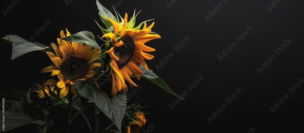 Poster sunflower plant displaying blossoming flower heads in a charming picture with copy space image