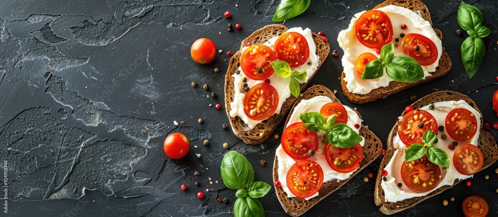 Aufkleber healthy breakfast recipe featuring rye toast with cream cheese tomatoes and basil captured in a top 