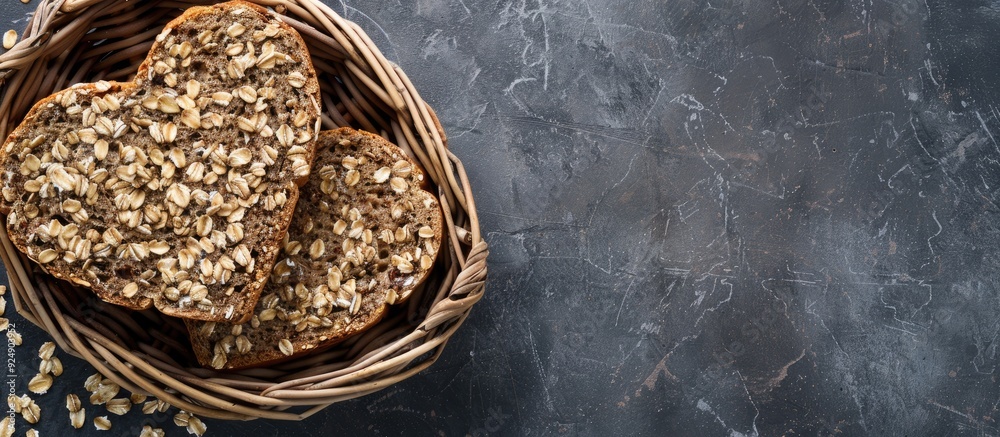 Poster heart shaped basket with organic wholemeal bread slices incorporating oats and flax seeds for a heal