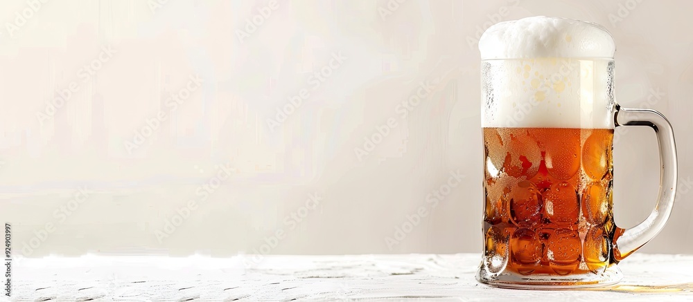 Poster white foam tops a cold beer in a mug against a white background with copy space image
