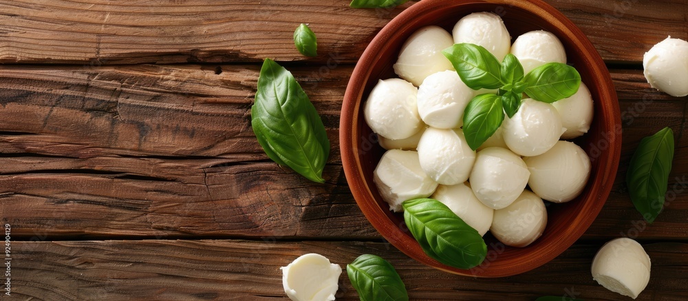 Aufkleber top view of a wooden table with a bowl containing delicious mozzarella balls and fresh basil leaves 