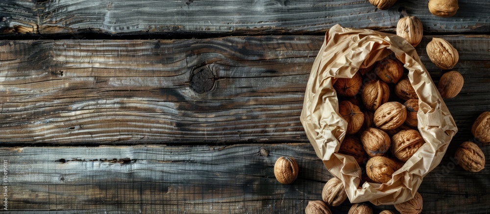 Poster Walnuts in a paper bag on an old rustic table viewed from the top with copy space image available