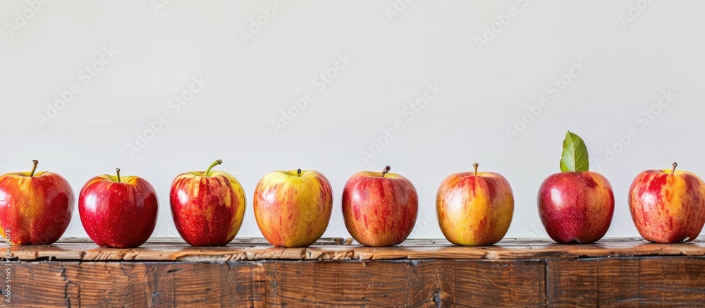 Poster Row of ripe apples arranged on wooden surface against a white backdrop with copy space image