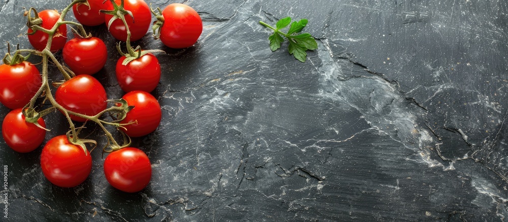 Aufkleber copy space image with fresh and tasty cherry tomatoes on a dark stone background