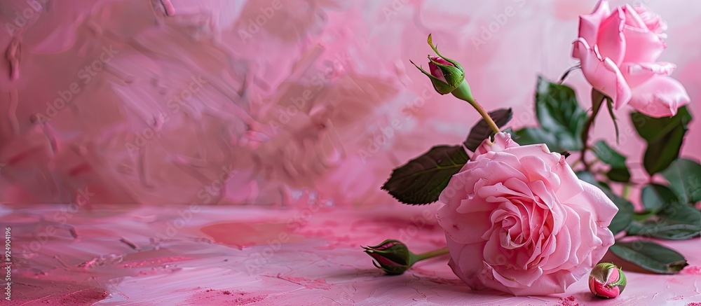Poster valentine s day setting features a lovely pink rose buds and a pink backdrop with room for additiona