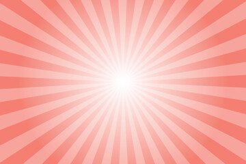 Abstract salmon red sunburst background with sun ray. Pattern of starburst. Texture with light of sunburst. Radial beam of sunlight. Retro background with flash. Design of sunbeams. Vector.