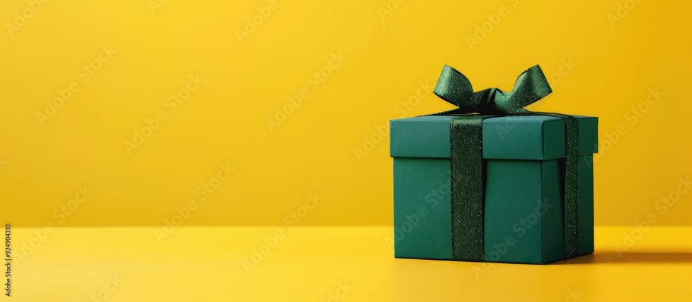 Poster a lone green gift box set against a yellow backdrop with ample copy space image available