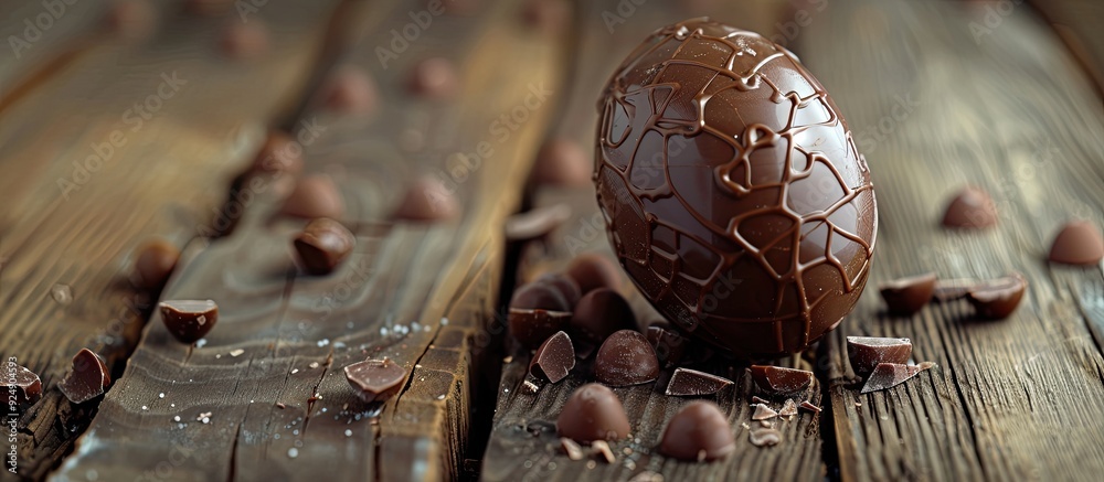 Poster selective focus on a chocolate easter egg with filling on a wooden backdrop featuring copy space ima