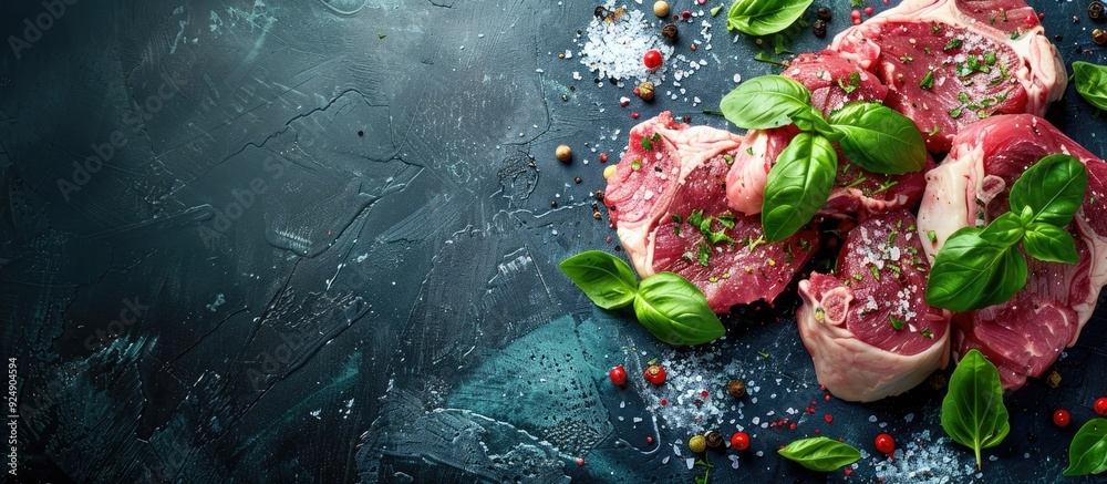 Aufkleber raw pork meat seasoned with salt pepper basil and thyme on a food background with ample copy space i