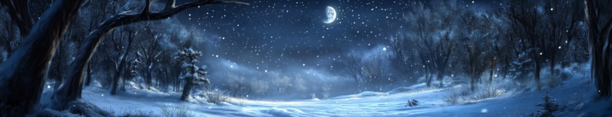 Naklejka premium Moonlit Enchantment: The Winter Night's Snowy Realm Transformed by Magic and Mystery in Anime Style, storybook illustrations, comic strips, book illustrations and picture books,Abstract concepts, game