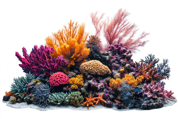 Coral reef with colorful corals and marine life isolated on a white background.