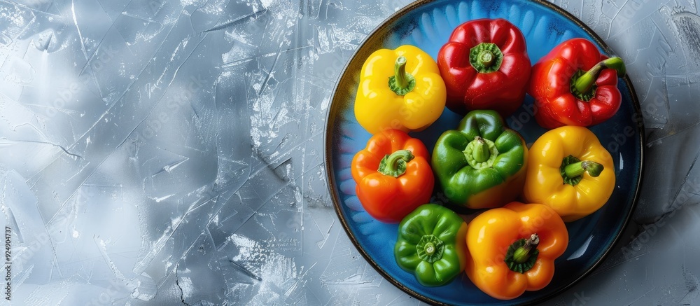 Poster a variety of fresh bell peppers in different colors arranged on a blue plate against a white backdro
