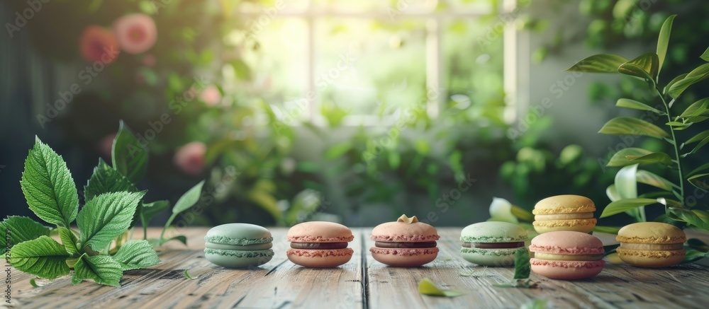 Aufkleber macaroon displayed with plants on a wooden floor with copy space image