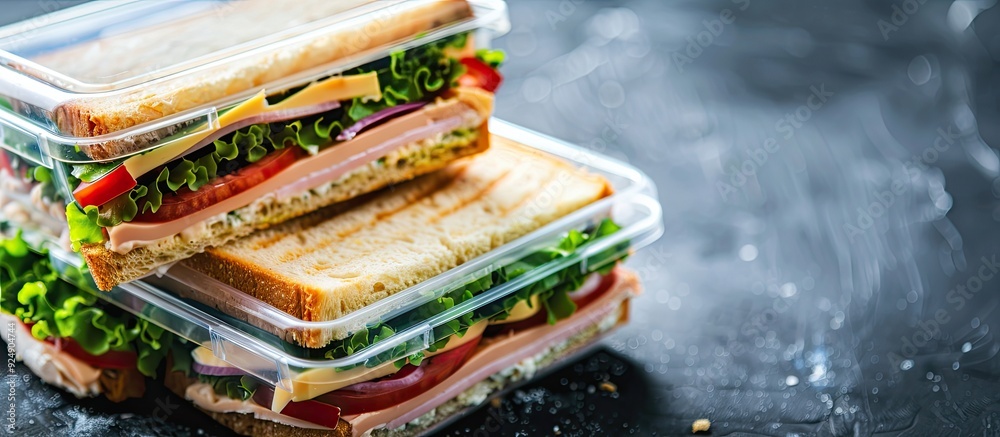 Poster Selective focus on sandwiches in a lunchbox on a table with a copy space image available