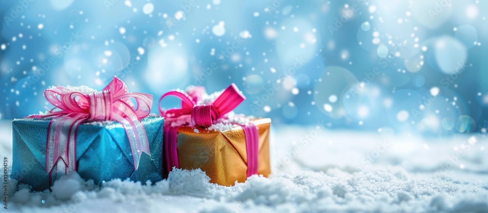 Leinwandbilder Gifts adorned with colorful ribbons set in a snowy scene with ample white space for adding text or graphics a perfect copy space image